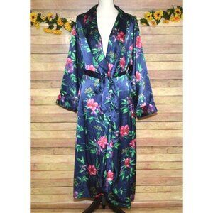 Go Softly Silky Blue Floral Long Maxi Robe Belted Ladies M Lounge Vacation